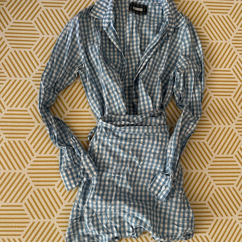 Reformation Blue and White Checkered Long Sleeve Dress